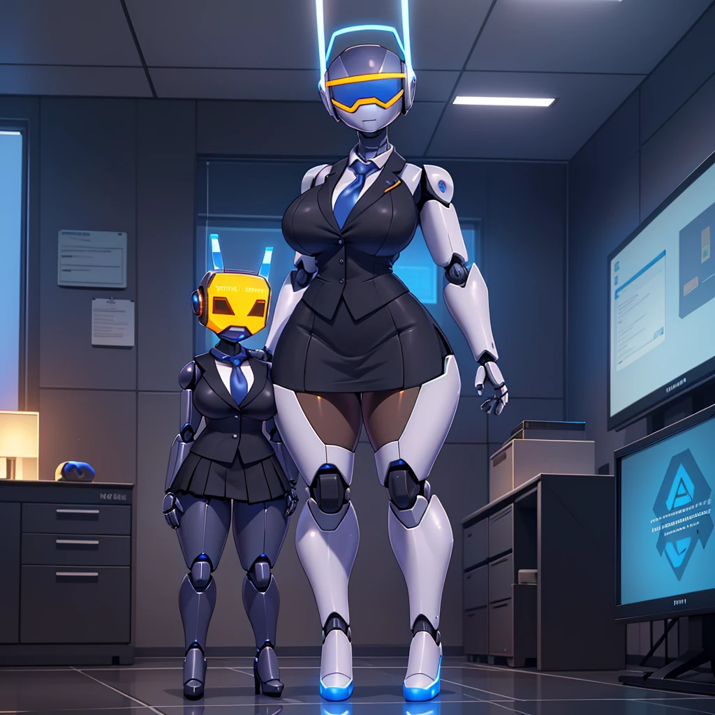 (masterpiece) (high Res), (((robot))), (Perfect face), (perfect anatomy), robot woman with a robotic head, in super tight clothes, (office suit), (mini skirt), shirt, tie, happy, ((glowing visor)), huge breast, narrow waist, wide hips, thick thighs, Brown skin, metal body, black high heels, ((((non humane robot Head)))), (robot girl), (robot Head))))