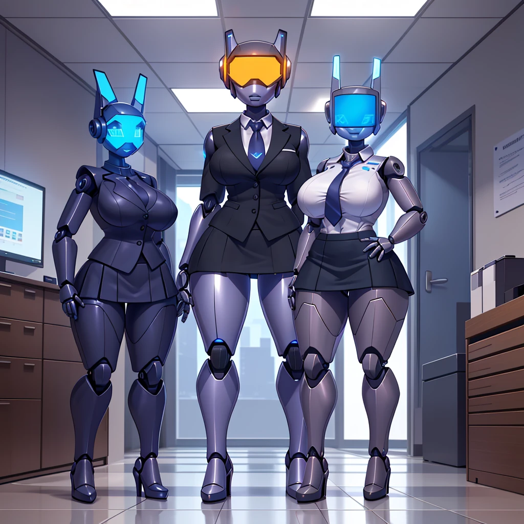(masterpiece) (high Res), (((robot))), (Perfect face), (perfect anatomy), robot woman with a robotic head, in super tight clothes, (office suit), (mini skirt), shirt, tie, happy, ((glowing visor)), huge breast, narrow waist, wide hips, thick thighs, Brown skin, metal body, black high heels, ((((non humane robot Head)))), (robot girl), (robot Head))))