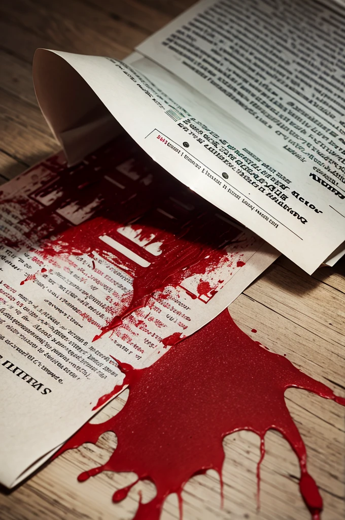 Torn red newspaper stained with blood with hands sticking out of it