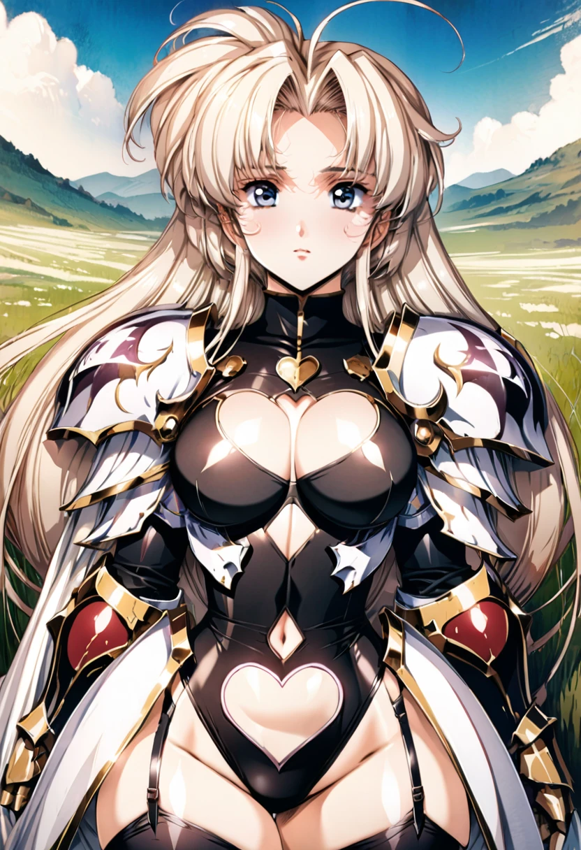 ((highest quality)), ((masterpiece)), ((hyperrealistic)), (detailed background), anime style, solo, 1girl, ((langrisser)), ((curvy: 1.2)), kawaii, ((armor dress: 1.3)), white long hair, ahoge, forehead, parted bangs, (white paladin armor), ((stomach cutout heart cutout black leotard: 1.3)), ((heart cutout black leotard: 1.3)), ((large breasts)), (zettai ryouiki black knee socks), ((gauntlet)), (big butt), (thighs), (groin), garter straps, beautiful eyes, perfect face, Perfect hands, perfect fingers, Blue sky and grassland,