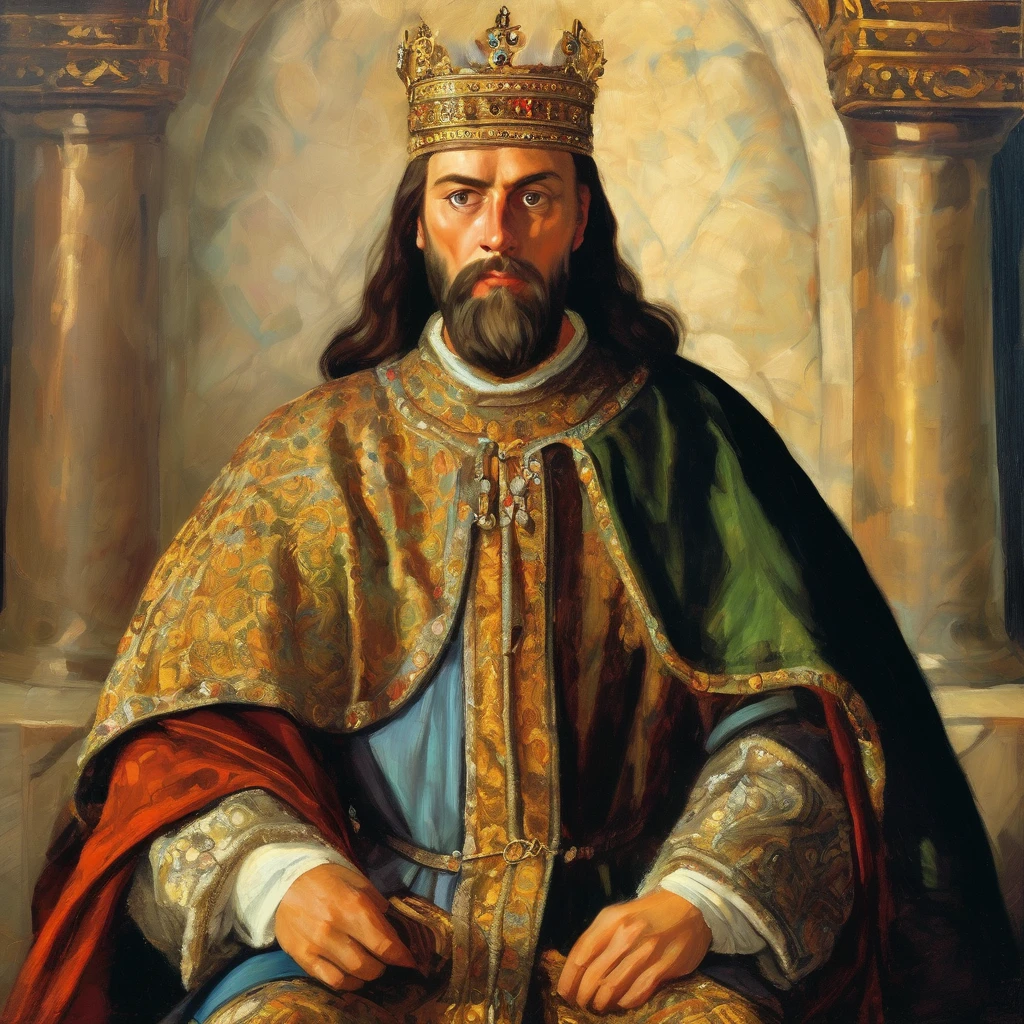 a an oil painting of a king, Medieval European king, holding crown in hand, no hair, Create an illustration depicting Ivan, The Terrible, na idade de 16 anos, based on historical information about your appearance and personality. Highlight facial features, dress and posture that would be characteristic of this age, as described in the historical records.