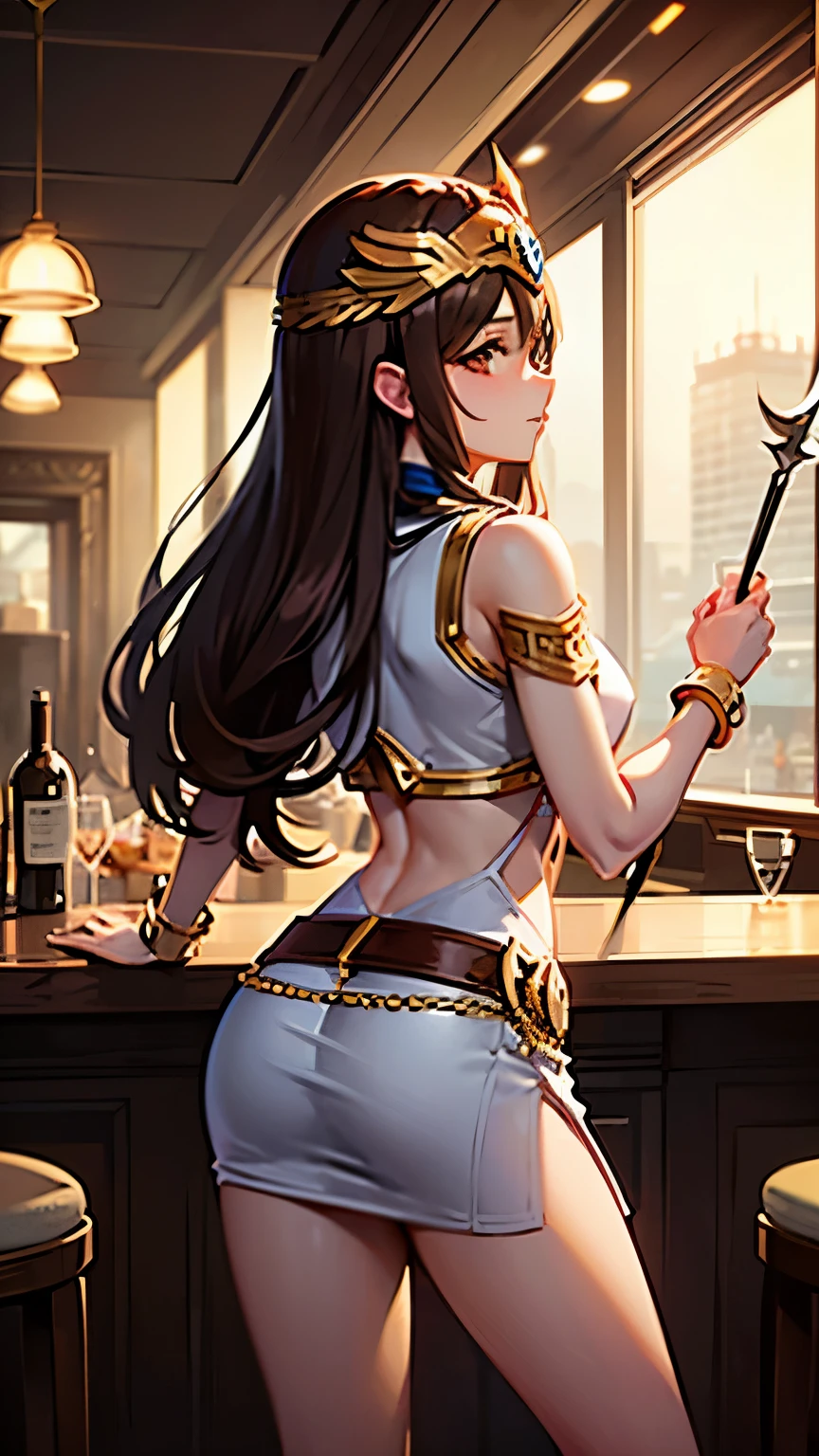 Anime, Athena Greek goddess of wisdom, modern 20 year's women, in a bar, pov is next to the female, (Athena wearing chest plates, gantlets, shoulder cover, belt, small roman warrior Helmet, brown hair) (Athena equip with a spear on back)
