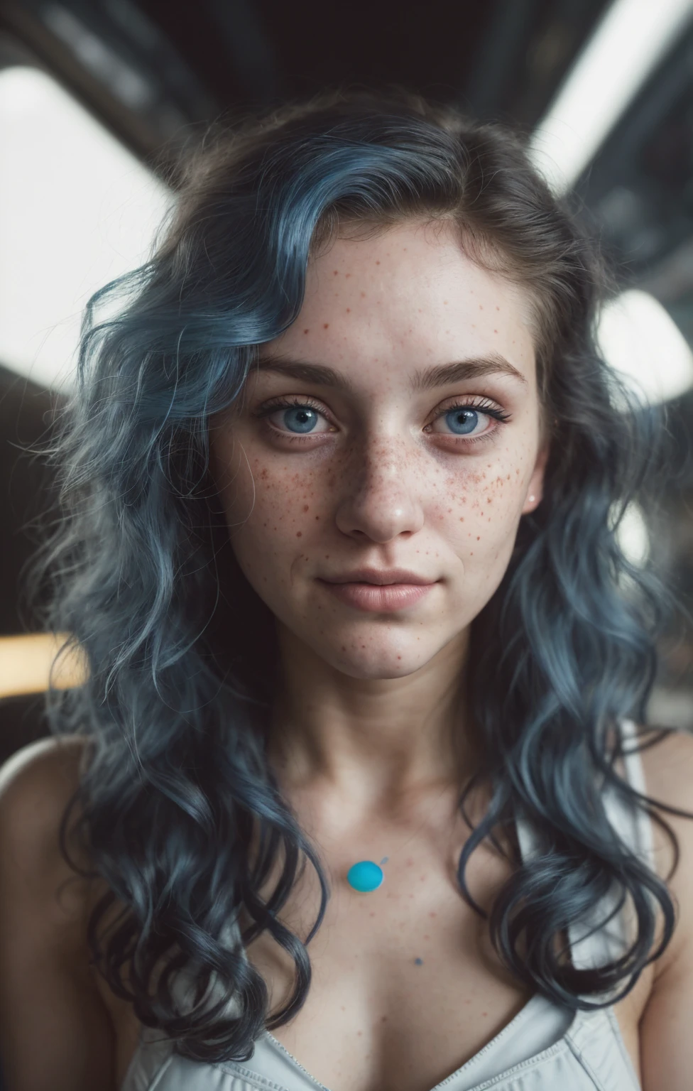 (Close-up, editorial photograph of a 21 year old woman), (highly detailed face:1.4) (smile:0.7) (background inside dark, moody, private study:1.3) POV, by lee jeffries, nikon d850, film stock photograph ,4 kodak portra 400 ,camera f1.6 lens ,rich colors, hyper realistic ,lifelike texture, dramatic lighting , cinestill 800, wavy hair, messy hair, curls, Mischievous smirk, Blue hair, Blue Eyes, freckles, White Skin, Sci Fi, Spaceship, Cyberpunk, Futurism, Technocratic Union, Halo Suit, Astral Plane, European expressions, European woman, European skin