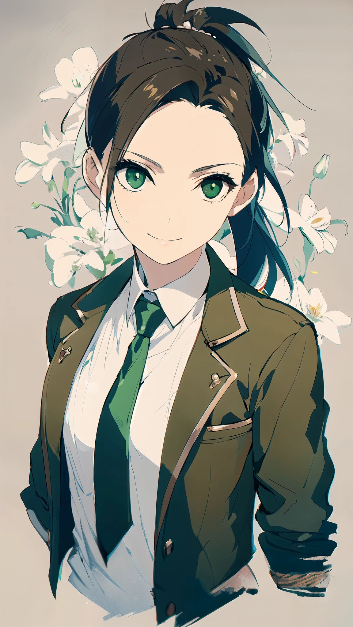 a small woman with green eyes, a brown ponytail, pale skin, wearing a punk jacket, a white shirt, a green tie, with open shoulders and sleeves, a light smile, flowers, serene, restrained, (concept art)
