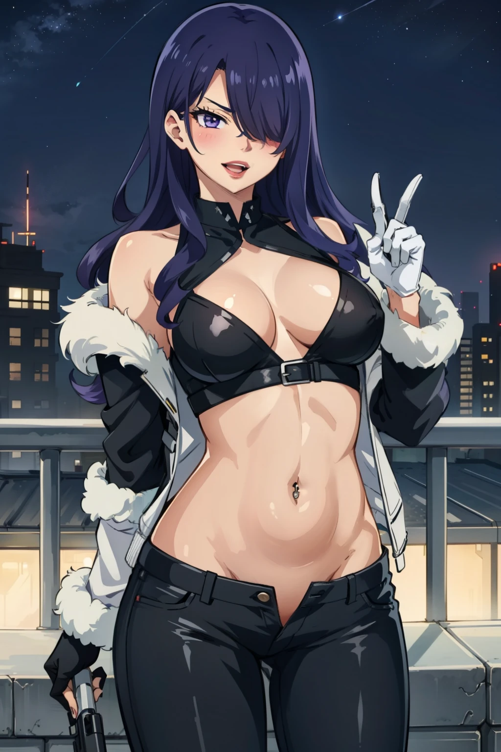 jade, 1girl, solo, large breasts, purple hair, blue eyes, ear piercing, long hair, blush, lipstick,Hot girl, baddie, staring, glaring, bad attitude, mean girl, dare, angry, hate, crazy, smoking, sensual, attractive ,fur trim, mature female, gloves, fur-trimmed coat , outdoors, rooftop, cityscape, building, railing, night, night sky, scenery, moon, city lights, gloves,jacket, masterpiece,high quality,4k, bare shoulder,belly,crop top,outdoor,cleavage,jeans,casual dress,street,road,smile, open mouth, (nsfw) not safe for work, holding a gun,handgun, evil expression, exposed belly, exposed navel, exposed midriff, exposed lower belly, crop top overhang, underboob, unbuttoned jeans , low rise black jeans, Low rise jeans, Low rise jeans with open fly,