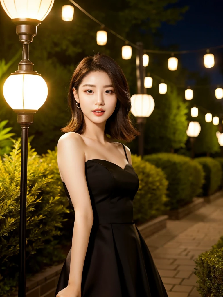 Kwon Eun-bi is a young Korean woman in her 28s. She hair is chanel-cut in a coppery red colors.
She face is slightly shorter than it is long, which carry a warm , expressive face. Her skin is radiant and clear, presenting an impeccable state of health and her curved lips.
Large, brown eyes are expressive and captivating.
She height is medium, her natural body and defined made up of proportional curves. with the most charming and provocative. It matches their personalities.
She She is wearing a simple dress in black, on her back the night hangs with a view of the garden lit by the lamps at night