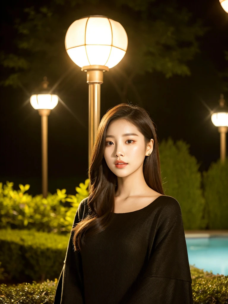 Kwon Eun-bi is a young Korean woman in her 28s. She hair is chanel-cut in a coppery red  colors. 
She face is slightly shorter than it is long, which carry a warm , expressive face. Her skin is radiant and clear, presenting an impeccable state of health and her curved lips. 
Large, brown eyes are expressive and captivating. 
She height is medium, her natural body and defined made up of proportional curves. with the most charming and provocative. It matches their personalities. 
She She is wearing a simple dress in black, on her back the night hangs with a view of the garden lit by the lamps at night 

