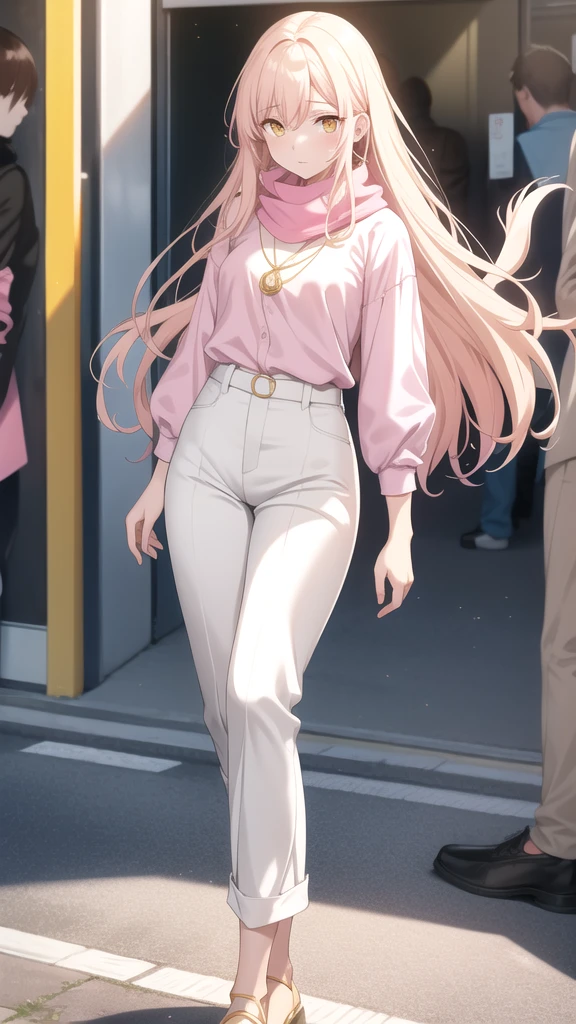 an anxious expression but at the same time fun, wear a pink blouse,A white scarf, and baggy light yellow pants and be feminine, who has long hair down to his white knees and has shining golden eyes, who has a pendant in her hair with this symbol 楽 , that is in a busy can