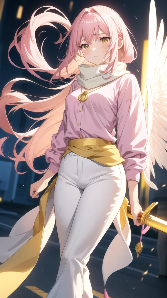 an anxious expression but at the same time fun, wear a pink blouse,A white scarf, and baggy light yellow pants and be feminine, who has long hair down to his white knees and has shining golden eyes, who has a pendant in her hair with this symbol 楽 , that is in a busy can