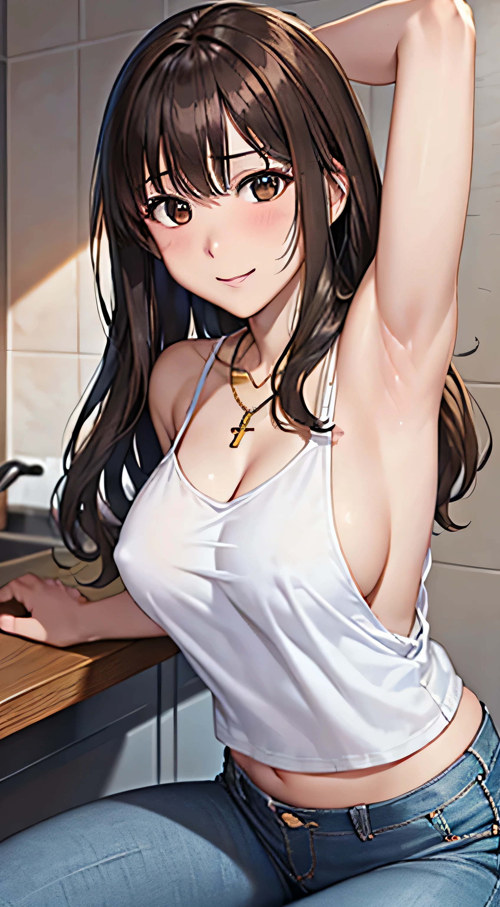 ((Tabletop, Highest quality, High resolution, , Pixel Perfect, 4K,))), 1 female, 、The whole body is visible、 ((Long Wavy Hair, bangs, Brown Hair)), ((Brown eyes, Beautiful eyelashes, Realistic eyes)), ((Detailed face, Blushing:1.2)), ((Smooth texture:0.75, Realistic texture:0.65, Realistic:1.1, Anime CG Style)), Medium sized breasts, Dynamic Angle, Perfect body, (( , , White camisole、No bra、、 Tight jeans pants、Take off your pants below your knees、、、)), Gold Hair Ornament、Cross Necklace、、Very embarrassing panic smile, 、、、、、Leaning forward、Nipples are slightly visible、Sideboob、、Place both hands on the wall and stretch your arms out、Stick your butt out、Luxury apartment kitchen、、、、、、 、)、