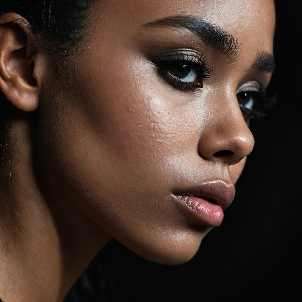close up and zoomed in on a beautiful depressed very sad emotional sad crying black girl and a black background, sad, depressed, emotional, close up on side profile only showing cheek and eyelight falling on face, noir photorealism, mysterious portrait of a woman, chiaroscuro portrait, close up on side profile, tinashe, zoe kravitz, zoomed in on tear drop, euphoria vibes, black and white, dark