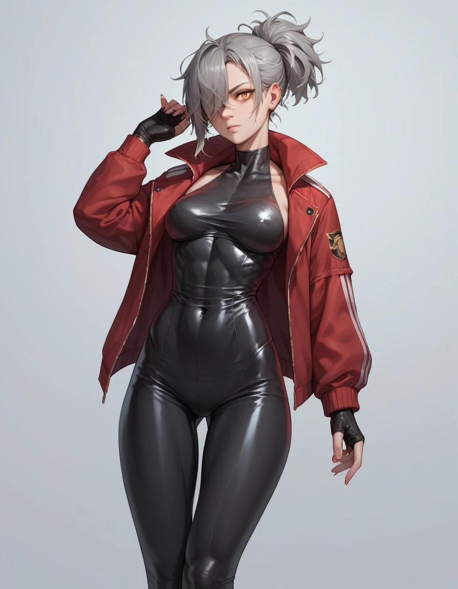 Tall, slim, She has long grey hair tied back in an enormous, messy ponytail that reaches down to her thighs, some of her hair is covering one of her eyes, she wears a red jacket over a black full-body suit, golden eyes