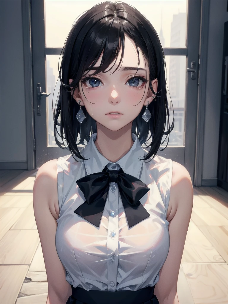 absurdres, RAW photo, extremely delicate and beautiful, masterpiece, Best Quality, ultra high resolution, 32k, hyperrealistic, ultra-detailed, in her 20s, delicate features, tearful mole, earring, medium breast body shot, shorter middle hair, black hair, summer school_uniform shirt, sleeveless, without frills,