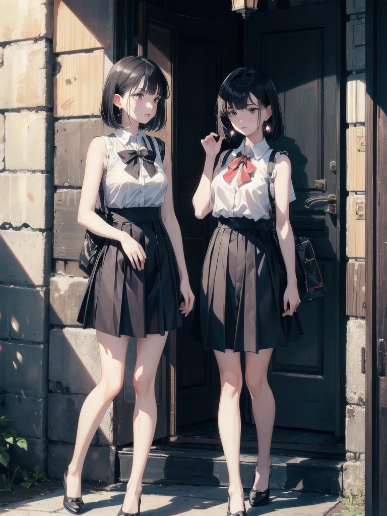 absurdres, RAW photo, extremely delicate and beautiful, masterpiece, Best Quality, ultra high resolution, 32k, hyperrealistic, ultra-detailed, in her 20s, delicate facial features, tearful mole, earring, medium breasts, full body shot, shorter middle hair, black hair, summer school_uniform shirt, sleeveless, without frills,