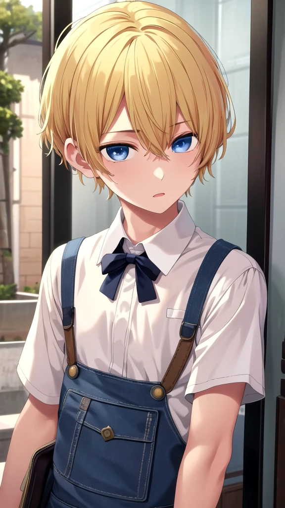 masterpiece, best quality, high quality, 1boy, solo, 14-year-old boy,male focus, looking at viewer , blonde hair, old-school swoop haircut,upper body , blue eyes,