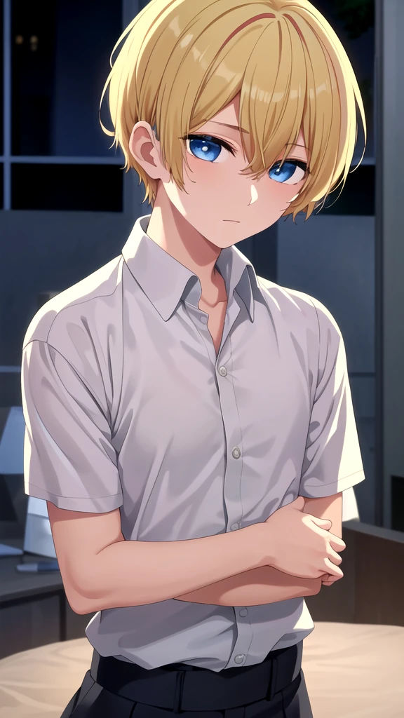 masterpiece, best quality, high quality, 1boy, solo, boy,male focus, looking at viewer , blonde hair, old-school swoop haircut,upper body , blue eyes,
