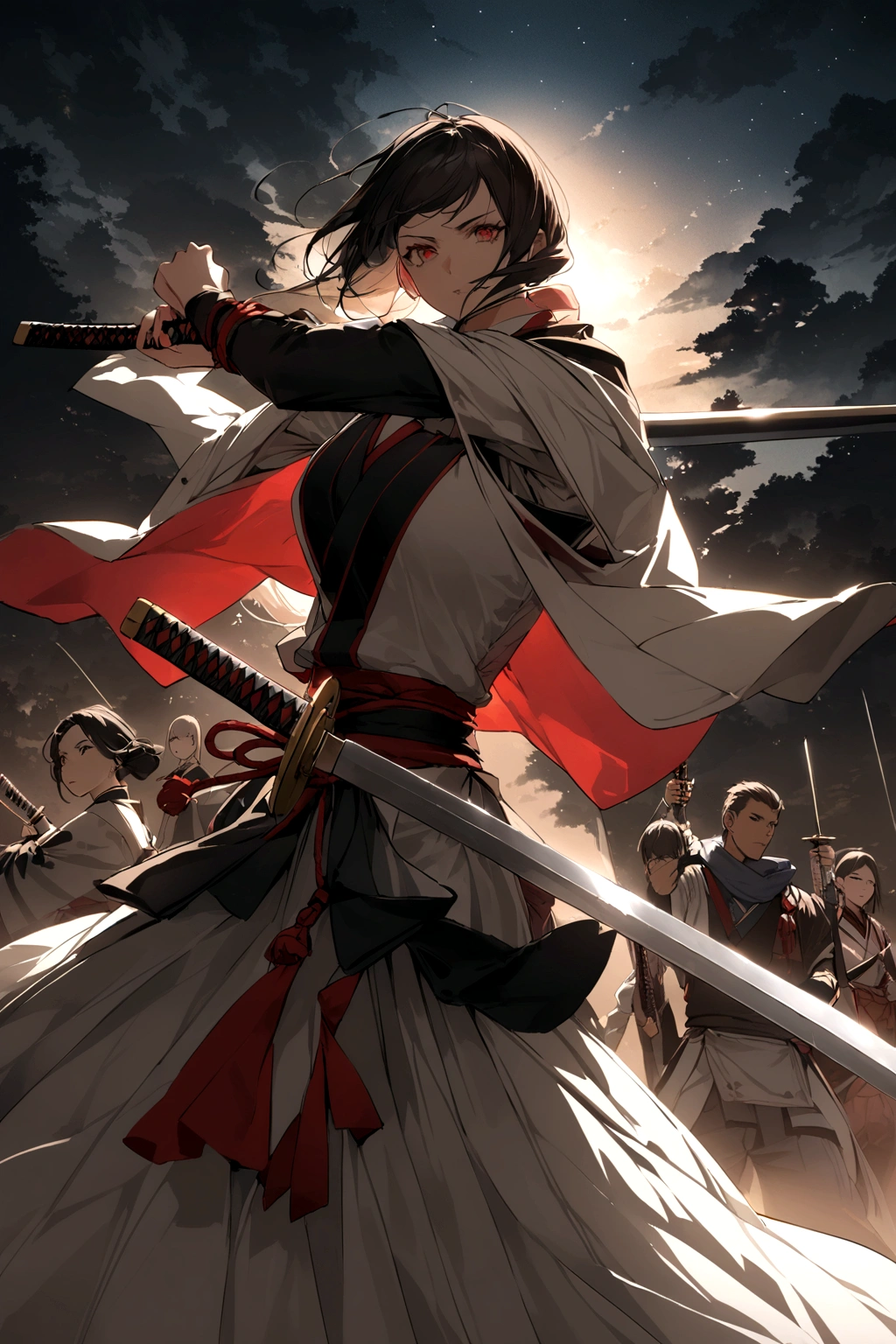 A style that combines traditional Japanese beauty with modern sensibilities.、A powerful and fantastical image。Fearless revolution and anti-war nation、Themes such as Samurai Warriors for Boys and Girls、A historical story depicted by the light of stars。Elements of Sum、Boys and girls in Japanese combat uniforms in front、Holding a Japanese sword、Many stars々and its shadow,night、Star々、Stream star、Pose of fighting with a Japan sword