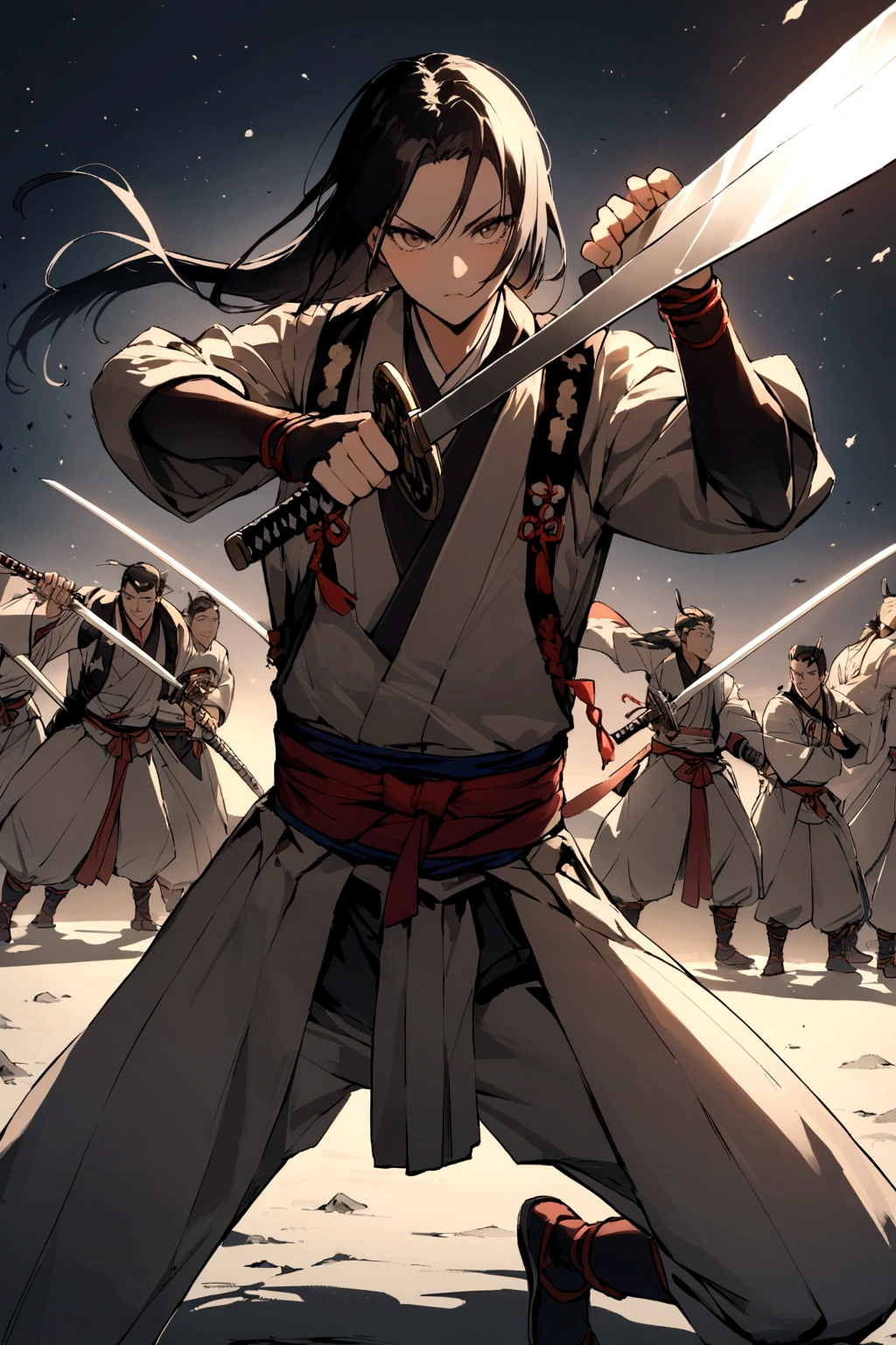 A style that combines traditional Japanese beauty with modern sensibilities.、A powerful and fantastical image。Fearless revolution and anti-war nation、Themes such as Samurai Warriors for Boys and Girls、A historical story depicted by the light of stars。Elements of Sum、Boys and girls in Japanese combat uniforms in front、Holding a Japanese sword、Many stars々and its shadow,night、Star々、Stream star、Pose of fighting with a Japan sword