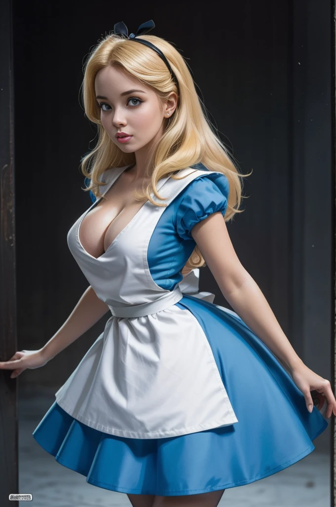 masterpiece, 1girl, solo, a sexy Alice in Wonderland with blonde hair, powder blue dress with white apron, white stockings, cleavage, dynamic, ultra high def, 32k, (perfect anatomy:1.5), perfect legs, in the style of Artgerm and Adam Hughes, perfect arms,