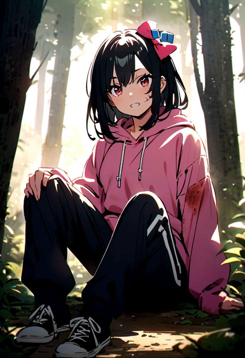 an anime girl with red eyes, long black hair with pink strands with small hair bow with small blue and yellow cubes decoration on the bow, on the right side of the head. She wears a pink sweatshirt that is too big for her and small black sweatpants.. With his clothes torn and with several open wounds, He grits his teeth as he puts his right hand on his hip., resting your knee on the forest floor 
