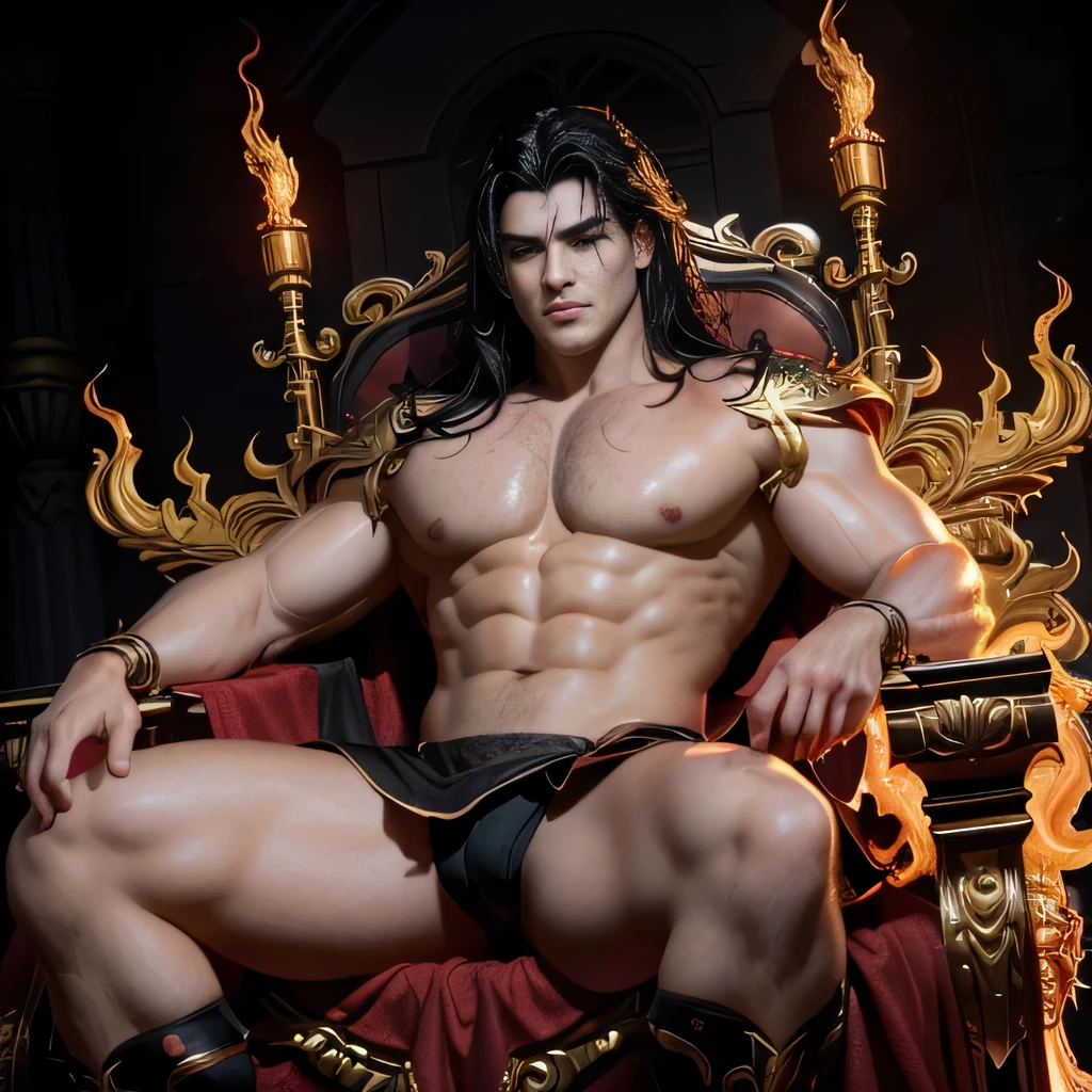 Relaxing on a fiery throne, the god of fire, a handsome man with black hair, exudes power with intense glowing red eyes and large pectorals. His pose is majestic, bathed in dramatic cinematic lighting, creating an atmosphere of divine authority. Large pectorals, open legs. Attractive male, sexy masculine, handsome male