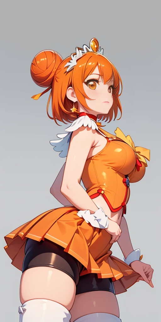 (Masterpiece, plain background:1.2, far shot view from below angle,1chica 1solo) de pie cuerpo completo, mujer madura, sunny_a, orange eyes, orange hair, single bun hair, feather hair ornament, tiara, orange choker, cure sunny costume, orange shorts under skirt, orange shorts, boots