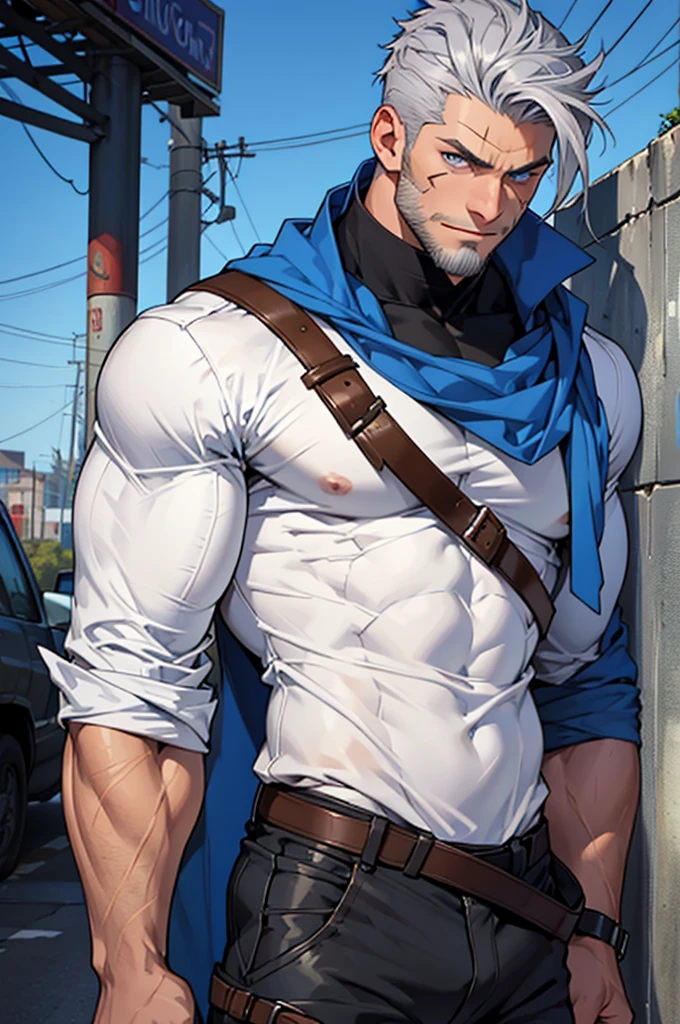 Young man, 26 years, muscular, with a scar on the left side of the face, with blue eyes, latin features, rectangular head, beard with sideburns, short silver hair, trapezoidal body, Bulging crotch, wearing duke's clothes, with golden laurel wreath, red and white cape, tanned skin, posing standing on a balcony, fully visible body
