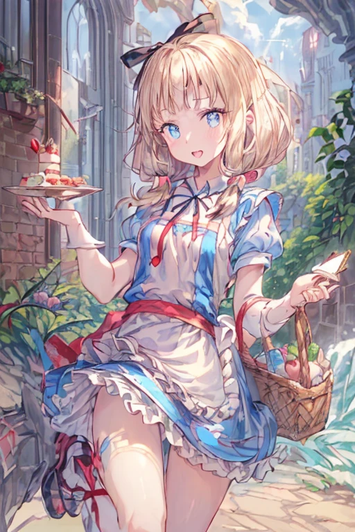 (perky chest:1.2), (pointed chest:1.2),(((Black Tunic:1.3))),(((cakes and bread in the basket),Cute and beautiful girl,Cute round face,Cute smile,with blush cheeks,Red Lip,a girl 17 years old, nsfw:1.2, beautiful body:1.3), shinny skin, BREAK, ((alice in the wonderland:1.3, cute, kawaii, lovely, funny, a girl falling down from sky:1.3, girl flying in sky:1.4, girl floating in air:1.5, rolling upskirt by wind:1.6, (with sparkling eyes and a contagious smile),open mouth, Looking at Viewer, surprised, putting hands on crotch over the skirts:1.5)), BREAK, ((floating things as follows:1.3, PlayingCards, Trump, tea cup, tea pot, tea spoons, pocket watch:1.3, lip sticks, candies:1.2, cookies, jam bottles, classical door_keys)), ((long purply_Blue dress :1.5, wearing long flaired skirt:1.3, the skirt is blowing:1.3, cute pink Apron, black stockingedium long platinum-blonde hair:1.2, twin tail hair:1.6, tied hair with a large ribbon), (Blue eyes, bright pupils with highlights, detailed eyes), (lying down on your back:0.7, spreading legs with rising up straight:0.7), sexy posture, fantastic colorful art, (fantasy art:1.2, wondered images), ((correct anatomy:1.5, perfect anatomy:1.3, correct hand, small foot:1.2)),
