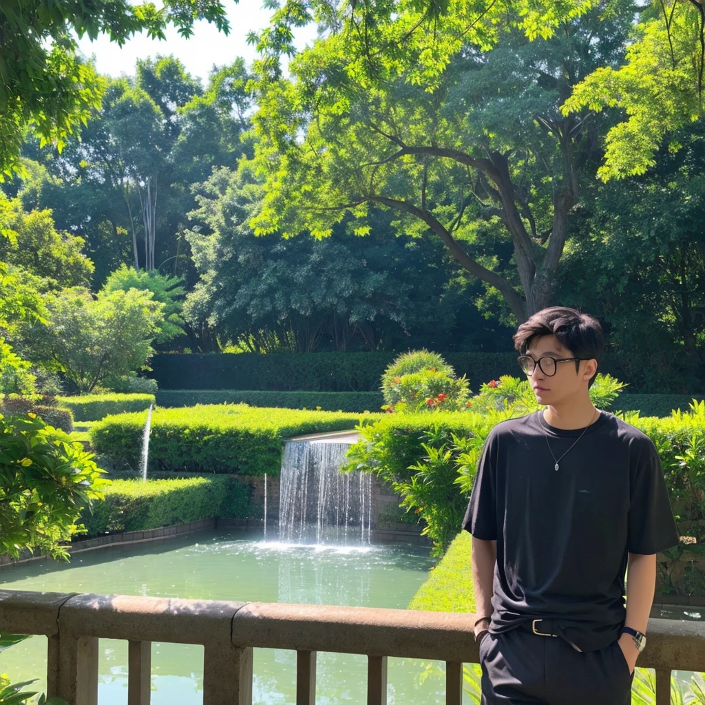 The setting for this photo is a park on a sunny day.。There is a beautiful fountain in the background.、There is a glass fence in front of it.。The fountain has a powerful flow of water.、It sparkles and shines in the sunlight。周囲には緑豊かなwood々There are also plantations.、The beauty of nature is felt。
In the center of the picture stands a young man。彼はリラックスしたPauseをとり、It gives off a stylish vibe。His characteristics are as follows::
1. **clothing**:
- Upper body:I'm wearing a gray t-shirt。This T-shirt has a simple, plain design.。
-Lower:I'm wearing black pants。Trousers in a casual style、It matches his overall style。
- Belt:He has a black belt、Simple design that is integrated with the pants.。
2. **accessories**:
- Glasses:He doesn't wear glasseake sure your eyes are clearly visible。
- clock:He has a silver watch on his left hand.。The watch has a simple and elegant design。
3. **Pause**:
- 右手で何かを持っているようなPauseをしていますが、I don't actually have anything。Hands are naturally relaxed。
- The left hand is lightly placed on the hip。
4. **expression**:
- 自然でリラックスしたexpressionをしています。Not a smile、He has a calm face.。
5. **Other features**:
- I don't have a bag.。No baggage whatsoever、It's a simple style。
- His hair is short、It is arranged。Her hair color is black.。
6. **Background details**:
- There is a fountain in the background、The water is shown splashing.。Behind the fountain, a small building is visible.、It is a modern design。
- There is a glass fence、Its transparency reflects the light。
- wood々There are also plantations.、You can feel the abundance of nature。wood々Please also describe the leaves swaying in the wind.。
Overall、The picture is bright、There's lots of natural light。Men's fashion is simple yet sophisticated.、It blends in with the natural background。彼の立ち姿やexpressionからは、Make sure you convey a relaxed atmosphere。