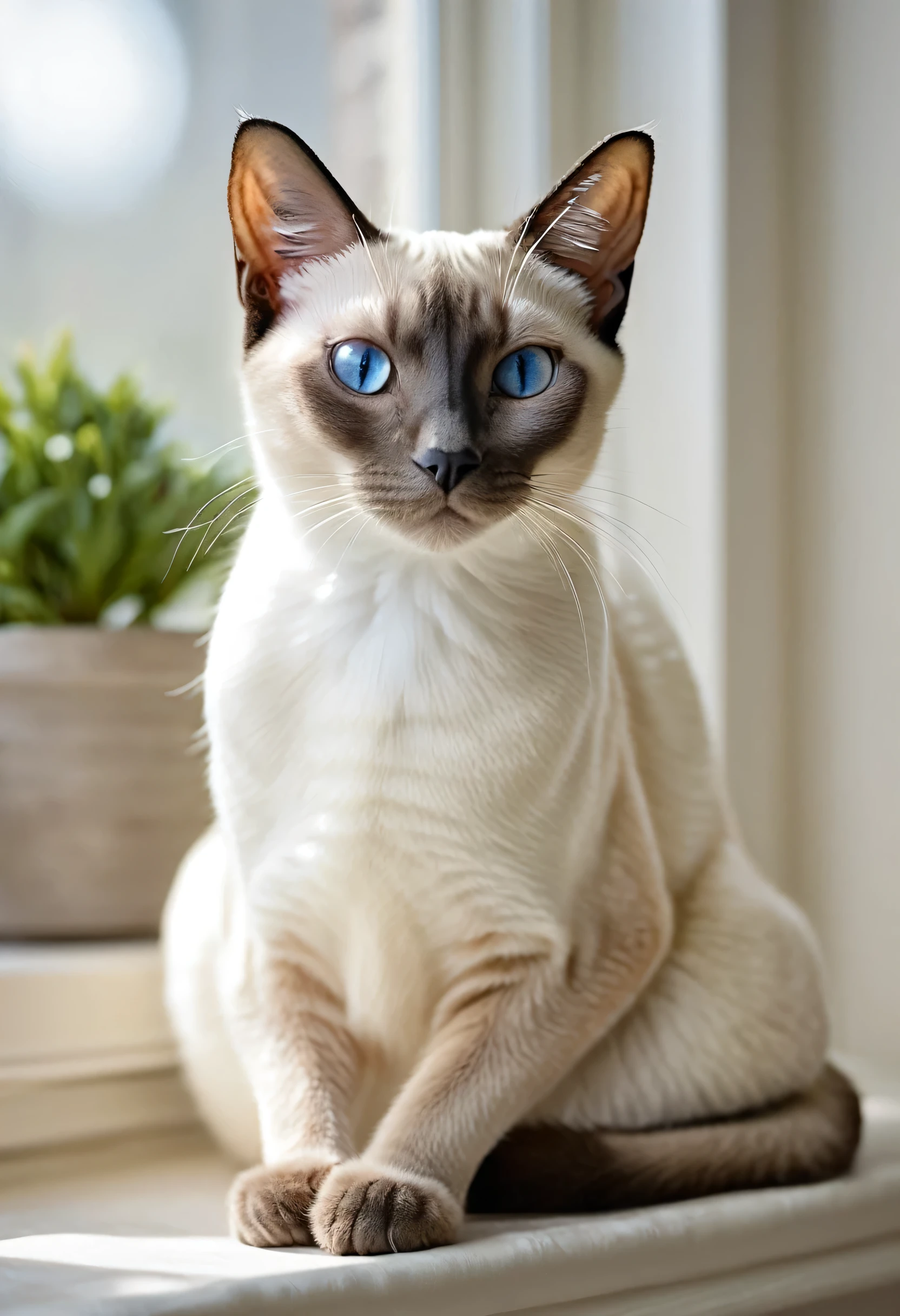 A detailed and realistic image of a Siamese cat, with blue almond-shaped eyes, short cream-colored fur with dark points on the ears, face, paws, and tail. The cat is sitting gracefully on a windowsill, bathed in soft, natural light, showcasing its elegant and sleek body. The background is a cozy, warmly lit room with a hint of greenery outside the window. The overall atmosphere is serene and inviting.