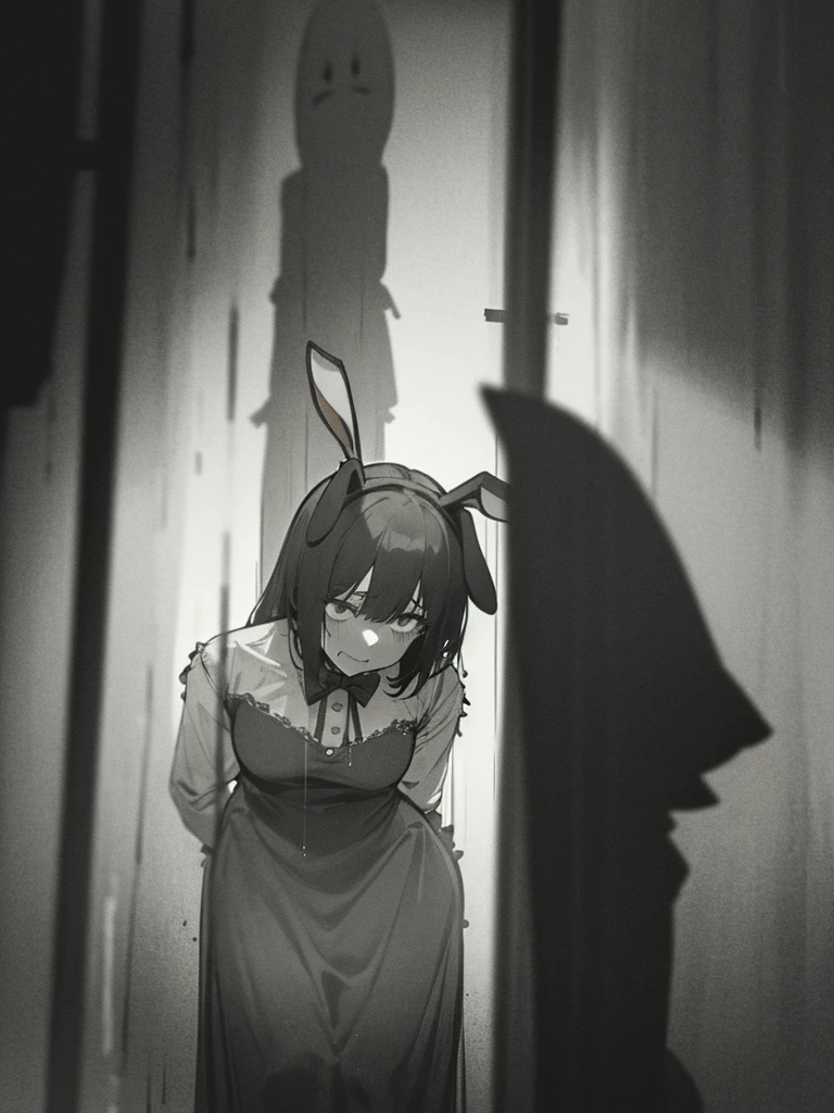In a dark haunted house, horror, fear , It's muggy , steamy , rabbit ear girl , holding back pee , Disarray of clothing , Shadows seen through the curtains , doggy style , hard core , orgasm , nudity