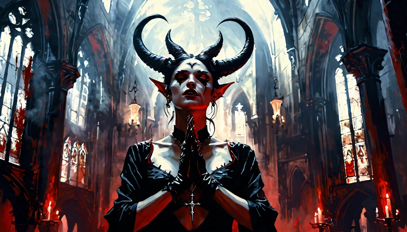 a painting of a holy succubus with horns, in prayer with upraised hands, gloves, vampire the masquerade bloodlines, incredible art, gloomy background, nimbus, church ragged vestments, darksketch, minimalism