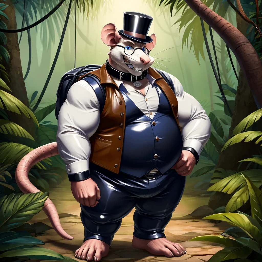 Solo, Male, fat, extremely obese, gentleman, dapper Professor Rat, blue eyes, (posing:1.3), (soft shading), 4k, hi res, ((detailed face, detailed)), looking at viewer, evil grin, jungle, forest, collared shirt with buttons, top hat, male focus, Explorer Outfit, glasses, monocle, bag, vest with buttons, backpack, sleeves rolled up, round eyewear, brown headwear, brown vest, Rat is wearing a glossy leather dog collar around the neck, Rat is wearing the leather collar and shirt and vest at the same time, Rat is wearing glossy white rubber gloves on the hands, wearing white rubber gloves on the feet, Rat is wearing glossy white cuffs around the wrists with cufflinks, gloves are rubber in texture, clenching teeth, clenching fists, leather collar is glossy and shiny with a lot of detail, Rat is wearing gloves and cuffs and cufflinks at the same time, leather collar has a round dog-tag, leather collar is thick and detailed.