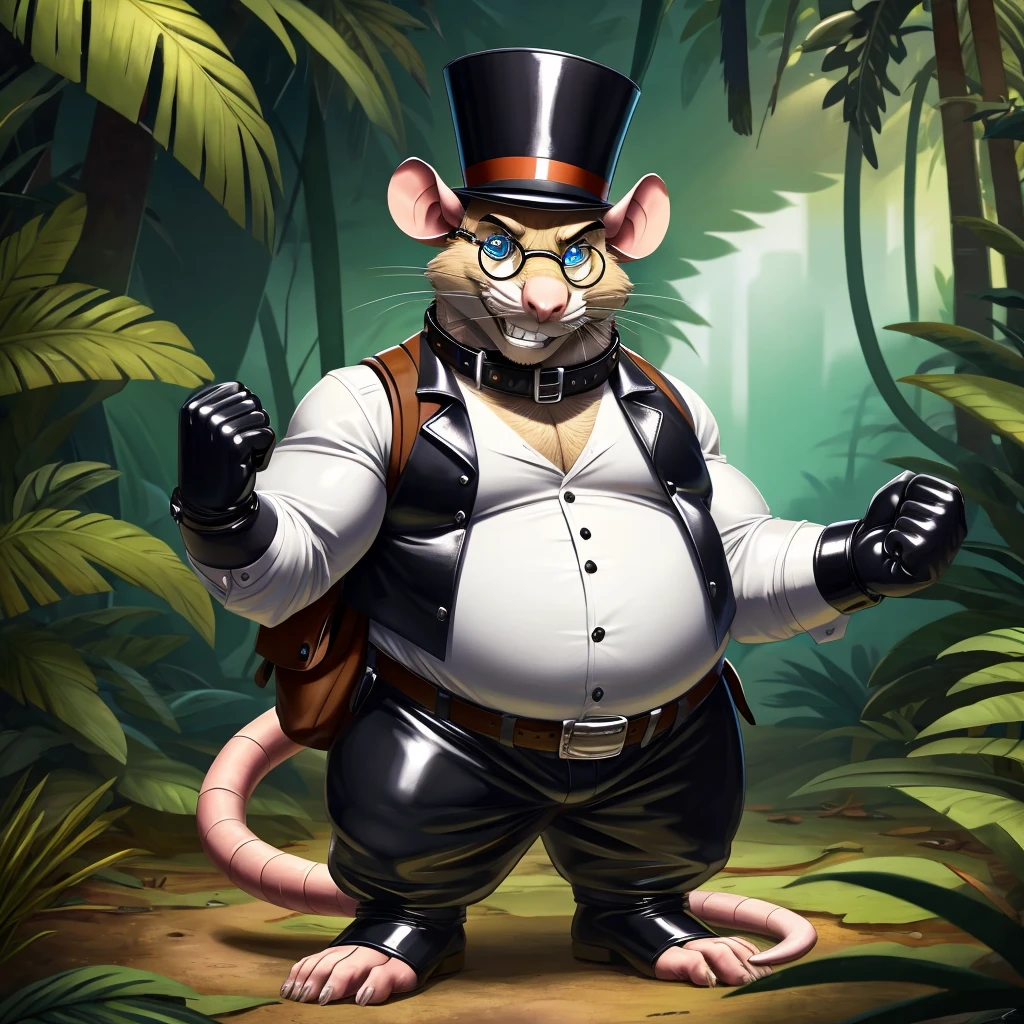 Solo, Male, fat, extremely obese, gentleman, dapper Professor Rat, blue eyes, (posing:1.3), (soft shading), 4k, hi res, ((detailed face, detailed)), looking at viewer, evil grin, jungle, forest, collared shirt with buttons, top hat, male focus, Explorer Outfit, glasses, monocle, bag, vest with buttons, backpack, sleeves rolled up, round eyewear, brown headwear, brown vest, Rat is wearing a glossy leather dog collar around the neck, Rat is wearing the leather collar and shirt and vest at the same time, Rat is wearing glossy white rubber gloves on the hands, wearing white rubber gloves on the feet, Rat is wearing glossy white cuffs around the wrists with cufflinks, gloves are rubber in texture, clenching teeth, clenching fists, leather collar is glossy and shiny with a lot of detail, Rat is wearing gloves and cuffs and cufflinks at the same time, leather collar has a round dog-tag, leather collar is thick and detailed.