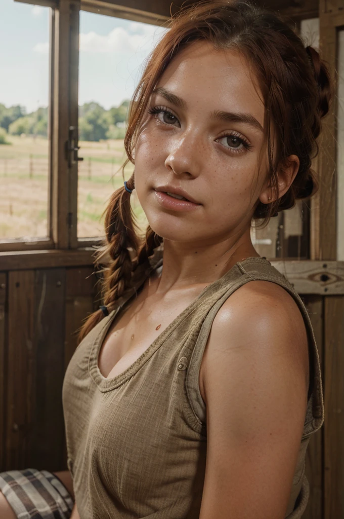 busty farm girl, wearing farm outfit, red hair, dark brown eyes, black eyes, tanned, beautiful, pigtails, freckles, 1girl, 22 years old, mix4, (8k, RAW photo, best quality, masterpiece:1.2), (realistic, photorealistic:1.37), cute, professional lighting, photon mapping, radiosity, physically based rendering, ultra resolution, photorealistic
