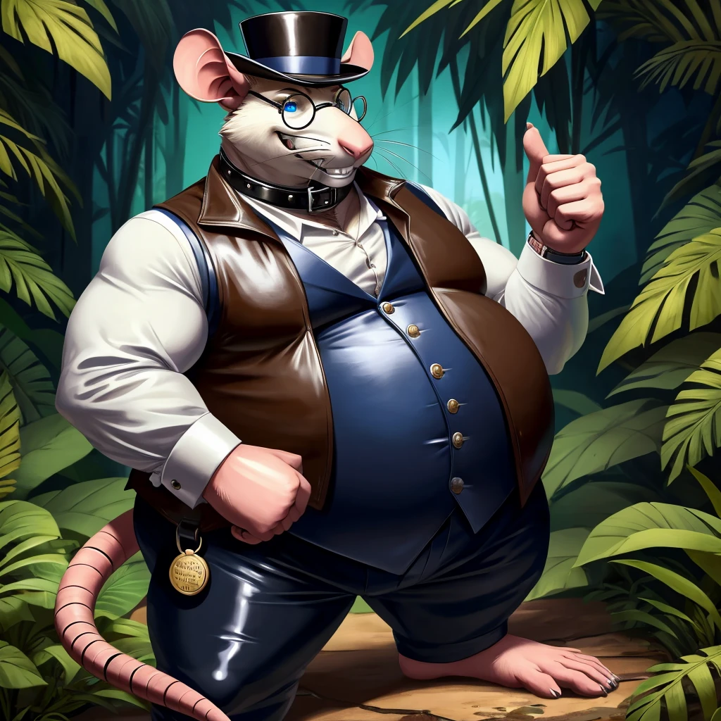 Solo, Male, fat, extremely obese, gentleman, dapper Professor Rat, blue eyes, (posing:1.3), (soft shading), 4k, hi res, ((detailed face, detailed)), looking at viewer, evil grin, jungle, forest, collared shirt with buttons, top hat, male focus, Explorer Outfit, glasses, monocle, bag, vest with buttons, backpack, sleeves rolled up, round eyewear, brown headwear, brown vest, Rat is wearing a glossy leather dog collar around the neck, Rat is wearing the leather collar and shirt and vest at the same time, Rat is wearing glossy white rubber gloves on the hands, wearing white rubber gloves on the feet, Rat is wearing glossy white cuffs around the wrists with cufflinks, gloves are rubber in texture, clenching teeth, clenching fists, leather collar is glossy and shiny with a lot of detail, Rat is wearing gloves and cuffs and cufflinks at the same time, leather collar has a round dog-tag, leather collar is thick and detailed.