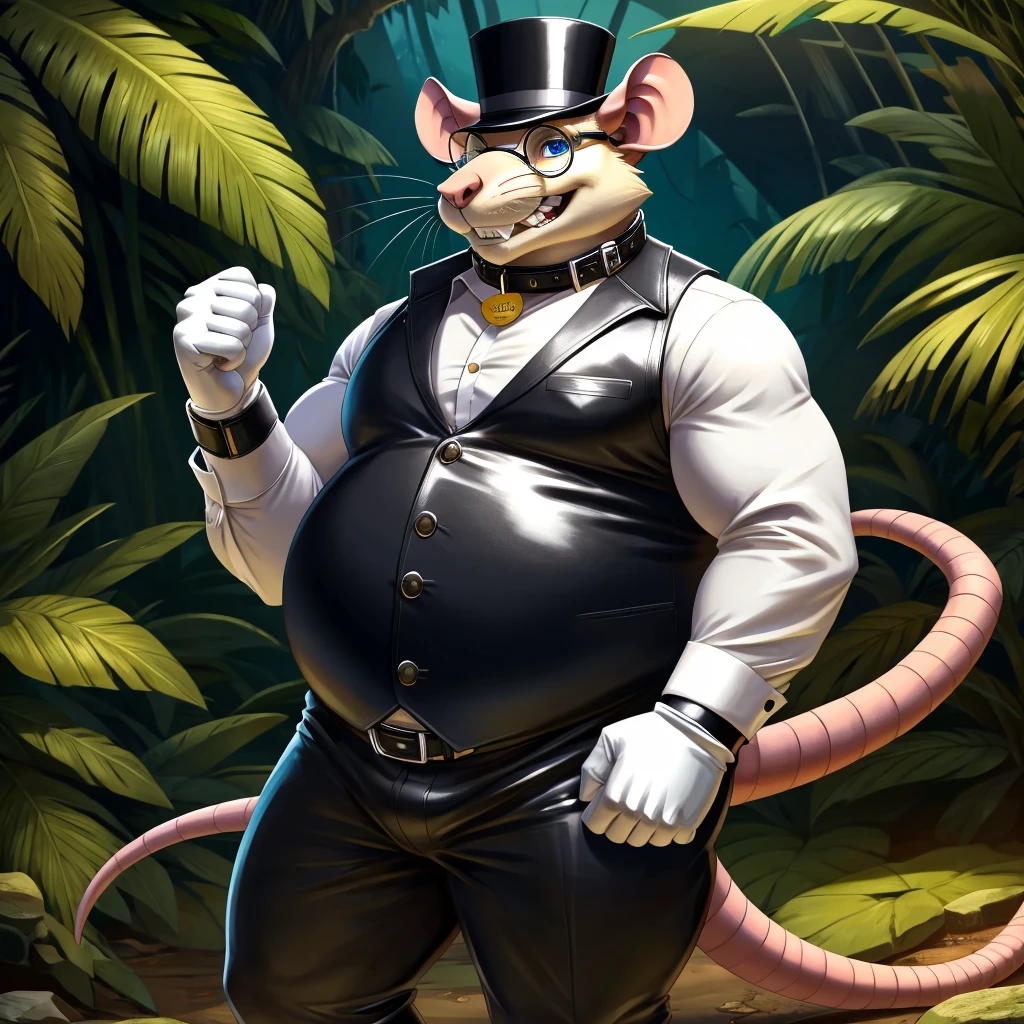 Solo, Male, fat, extremely obese, gentleman, dapper Professor Rat, blue eyes, (posing:1.3), (soft shading), 4k, hi res, ((detailed face, detailed)), looking at viewer, evil grin, jungle, forest, collared shirt with buttons, top hat, male focus, Explorer Outfit, glasses, monocle, bag, vest with buttons, backpack, sleeves rolled up, round eyewear, brown headwear, brown vest, Rat is wearing a glossy leather dog collar around the neck, Rat is wearing the leather collar and shirt and vest at the same time, Rat is wearing glossy white rubber gloves on the hands, wearing white rubber gloves on the feet, Rat is wearing glossy white cuffs around the wrists with cufflinks, gloves are rubber in texture, clenching teeth, clenching fists, leather collar is glossy and shiny with a lot of detail, Rat is wearing gloves and cuffs and cufflinks at the same time, leather collar has a round dog-tag, leather collar is thick and detailed.