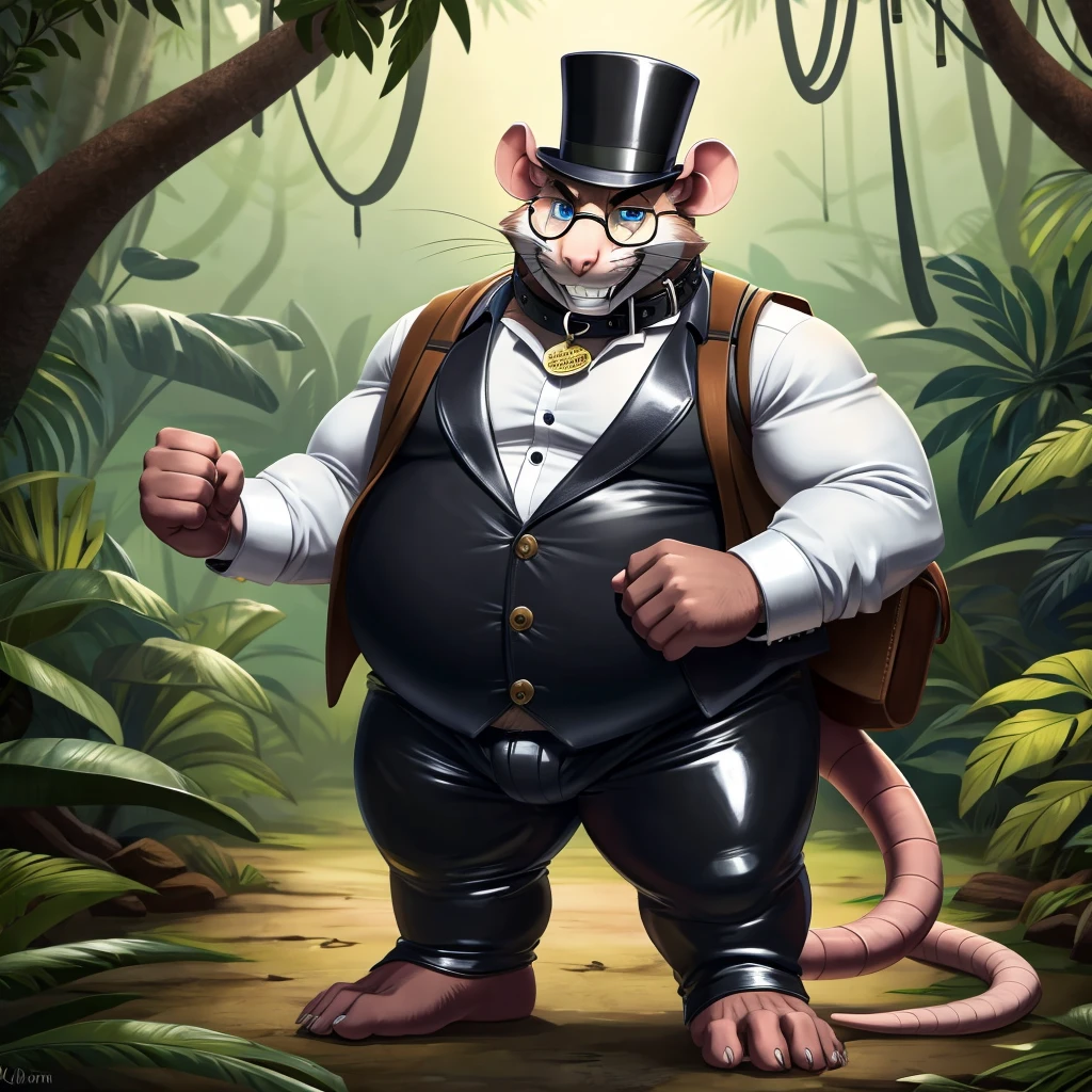 Solo, Male, fat, extremely obese, gentleman, dapper Professor Rat, blue eyes, (posing:1.3), (soft shading), 4k, hi res, ((detailed face, detailed)), looking at viewer, evil grin, jungle, forest, collared shirt with buttons, top hat, male focus, Explorer Outfit, glasses, monocle, bag, vest with buttons, backpack, sleeves rolled up, round eyewear, brown headwear, brown vest, Rat is wearing a glossy leather dog collar around the neck, Rat is wearing the leather collar and shirt and vest at the same time, Rat is wearing glossy white rubber gloves on the hands, wearing white rubber gloves on the feet, Rat is wearing glossy white cuffs around the wrists with cufflinks, gloves are rubber in texture, clenching teeth, clenching fists, leather collar is glossy and shiny with a lot of detail, Rat is wearing gloves and cuffs and cufflinks at the same time, leather collar has a round dog-tag, leather collar is thick and detailed.