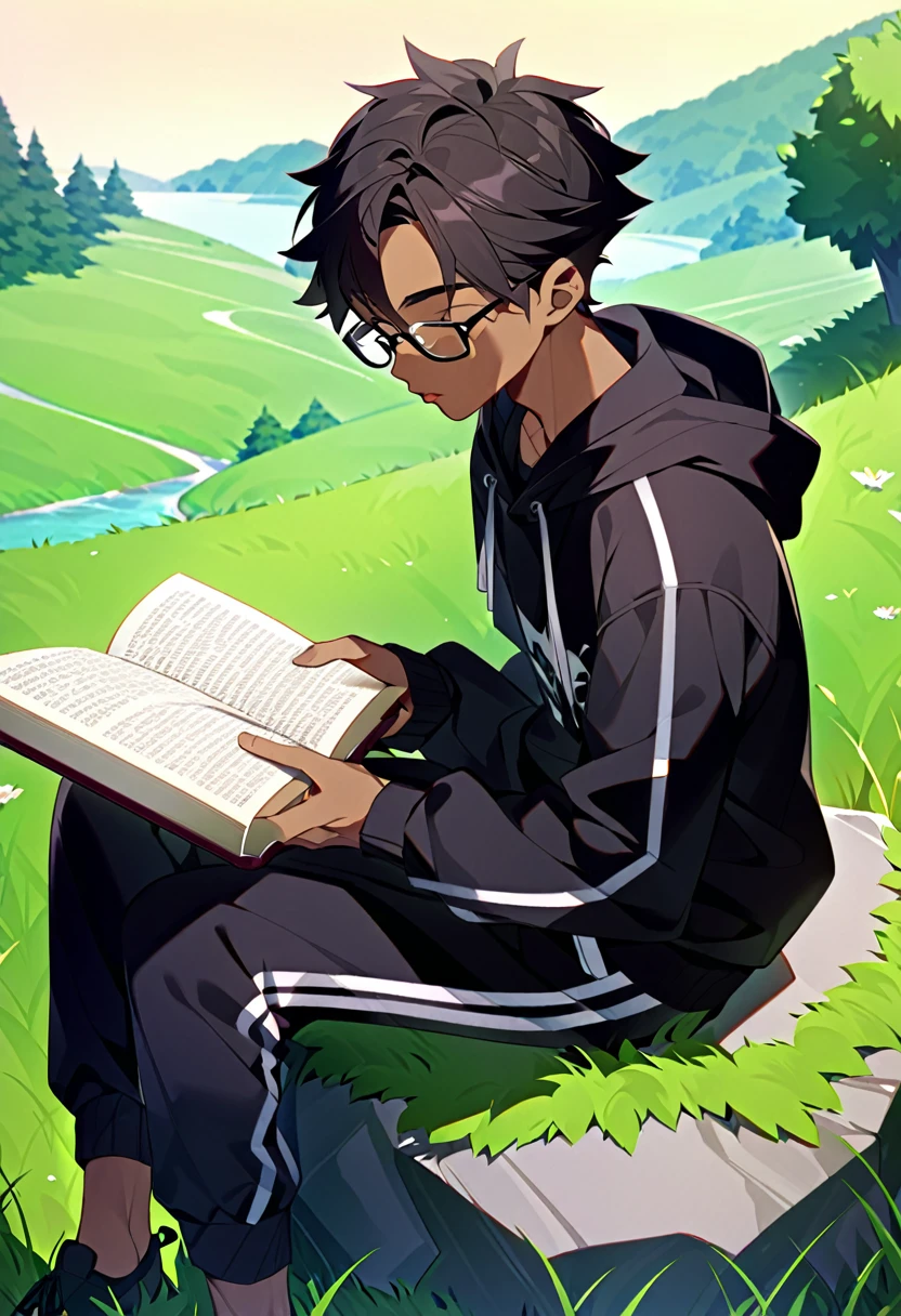 A thin young man with an average build and dark skin. His mouth is sewn shut, although his look indicate tranquility. He is sitting on a large rock, reading a book. His hair is black and short. He is wearing a black hoodie and black sweatpants, and wears black prescription glasses. The background is a peaceful, green hill.