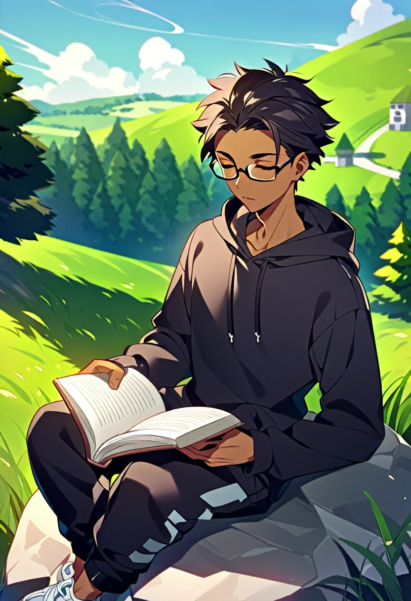 A thin young man with an average build and dark skin. His mouth is sewn shut, although his look indicate tranquility. He is sitting on a large rock, reading a book. His hair is black and short. He is wearing a black hoodie and black sweatpants, and wears black prescription glasses. The background is a peaceful, green hill.