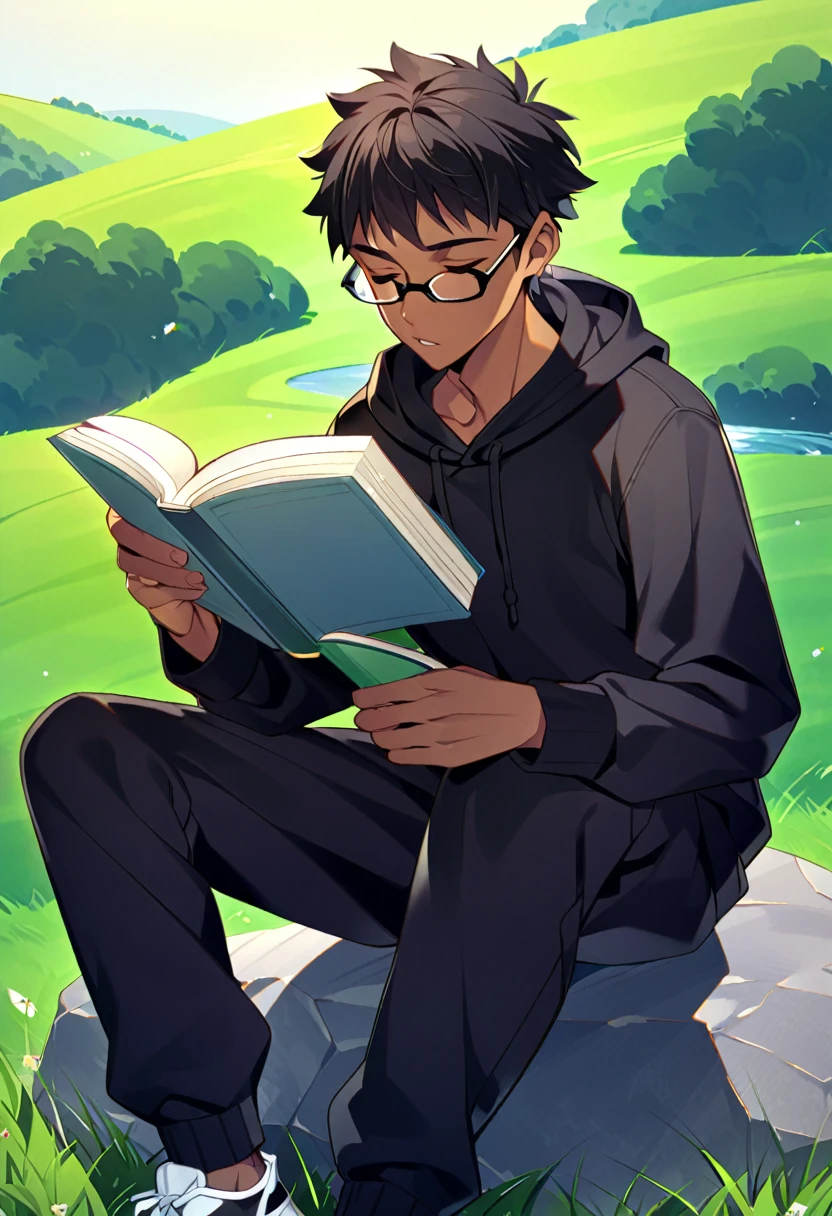 A thin young man with an average build and dark skin. His mouth is sewn shut, although his look indicate tranquility. He is sitting on a large rock, reading a book. His hair is black and short. He is wearing a black hoodie and black sweatpants, and wears black prescription glasses. The background is a peaceful, green hill.