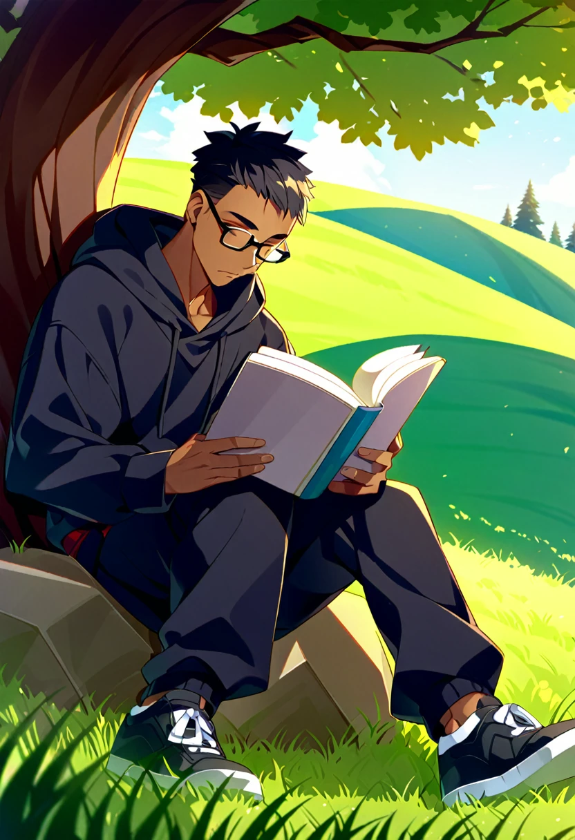 A thin young man with an average build and dark skin. His mouth is sewn shut, although his look indicate tranquility. He is sitting on a large rock, reading a book. His hair is black and short. He is wearing a black hoodie and black sweatpants, and wears black prescription glasses. The background is a peaceful, green hill.