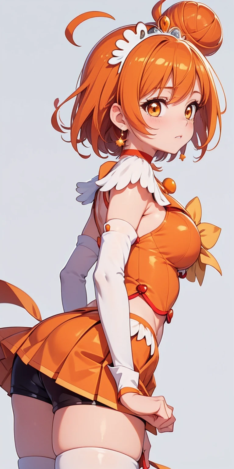 (Masterpiece, plain background:1.2, far shot view from below angle,1chica 1solo) de pie cuerpo completo, mujer madura, sunny_a, orange eyes, orange hair, single bun hair, feather hair ornament, tiara, orange choker, cure sunny costume, orange shorts under skirt, orange shorts, boots