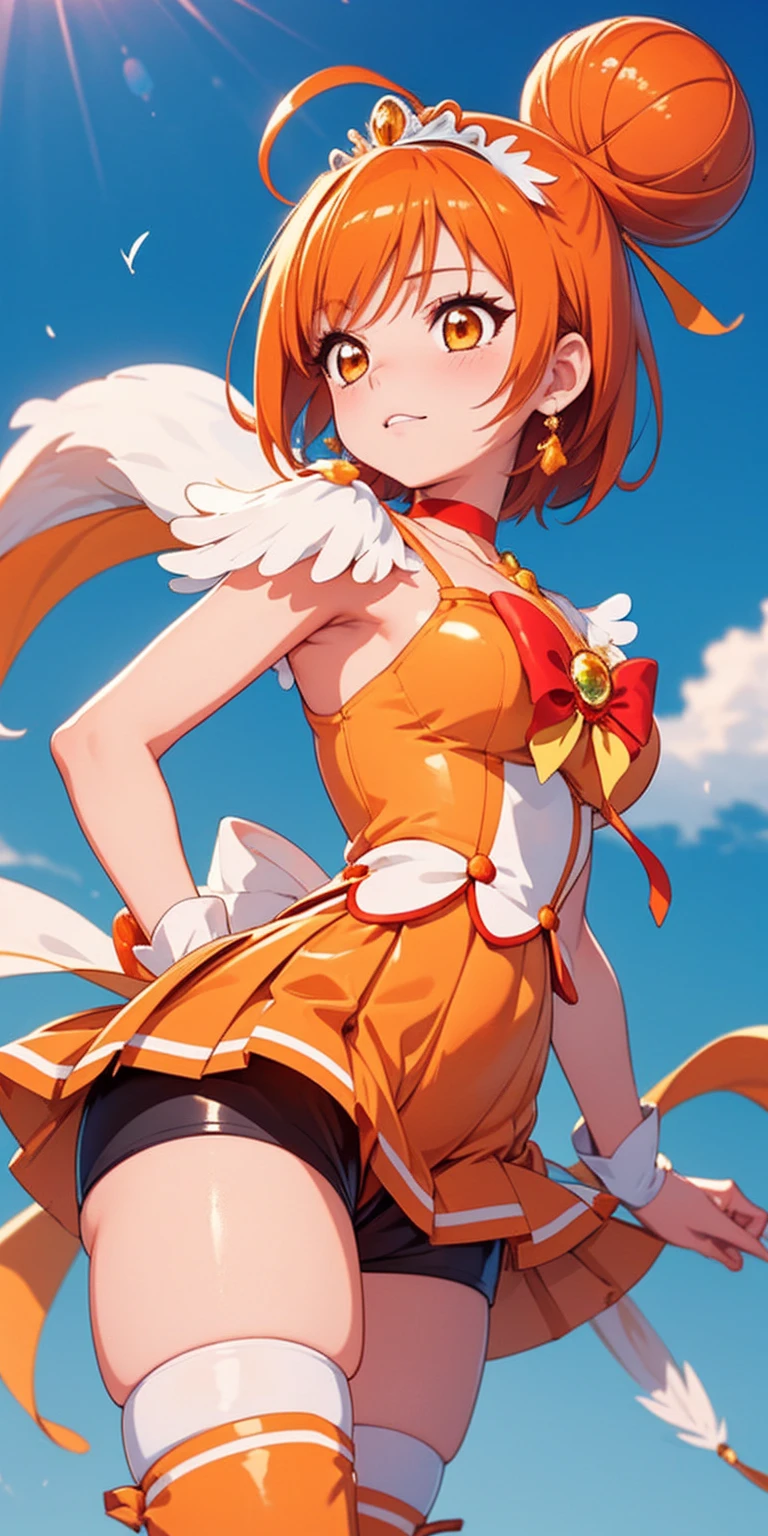 (Masterpiece, plain background:1.2, far shot view from below angle,1chica 1solo) de pie cuerpo completo, mujer madura, sunny_a, orange eyes, orange hair, single bun hair, feather hair ornament, tiara, orange choker, cure sunny costume, orange shorts under skirt, orange shorts, boots