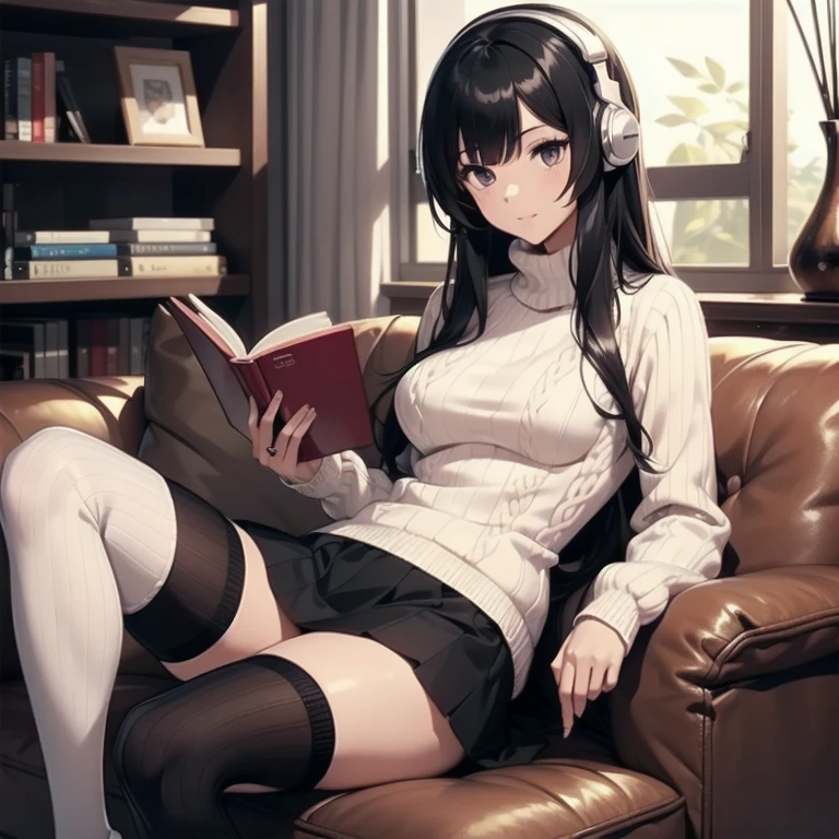 1girl, anime, black eyes, long black hair with square bangs, very long black hair, super long black hair, skirt and stockings, ((black thigh highs)), heels, (((ribbed white sweater))), (white sweater), adult, hourglass figure, garter, nerdy, headphones, sofa, reading, book