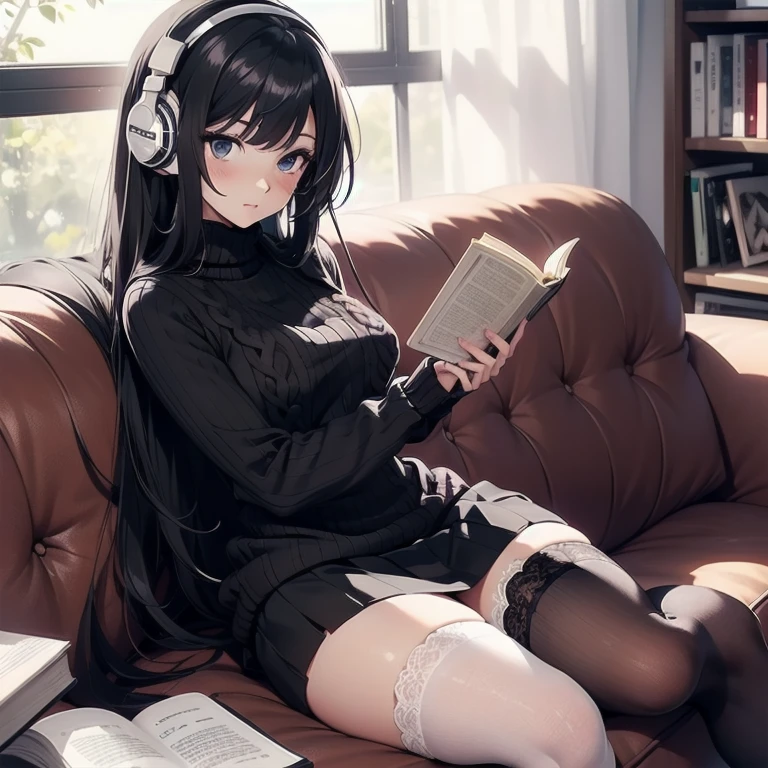 1girl, anime, black eyes, long black hair with square bangs, very long black hair, super long black hair, skirt and stockings, ((black thigh highs)), heels, (((ribbed white sweater))), (white sweater), adult, hourglass figure, garter, nerdy, headphones, sofa, reading, book