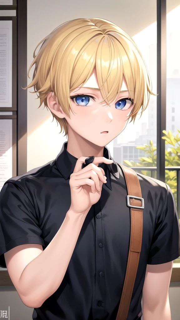 masterpiece, best quality, high quality, 1boy, solo, 14-year-old boy,male focus, looking at viewer , blonde hair, old-school swoop haircut,upper body , blue eyes,
