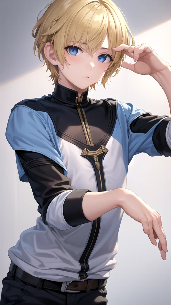 masterpiece, best quality, high quality, 1boy, solo, 14-year-old boy,male focus, looking at viewer , blonde hair, old-school swoop haircut,upper body , blue eyes,