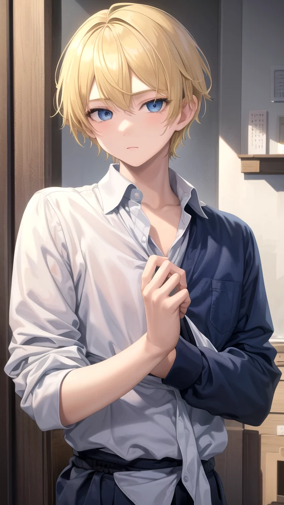 masterpiece, best quality, high quality, 1boy, solo, boy,male focus, looking at viewer , blonde hair, old-school swoop haircut,upper body , blue eyes,