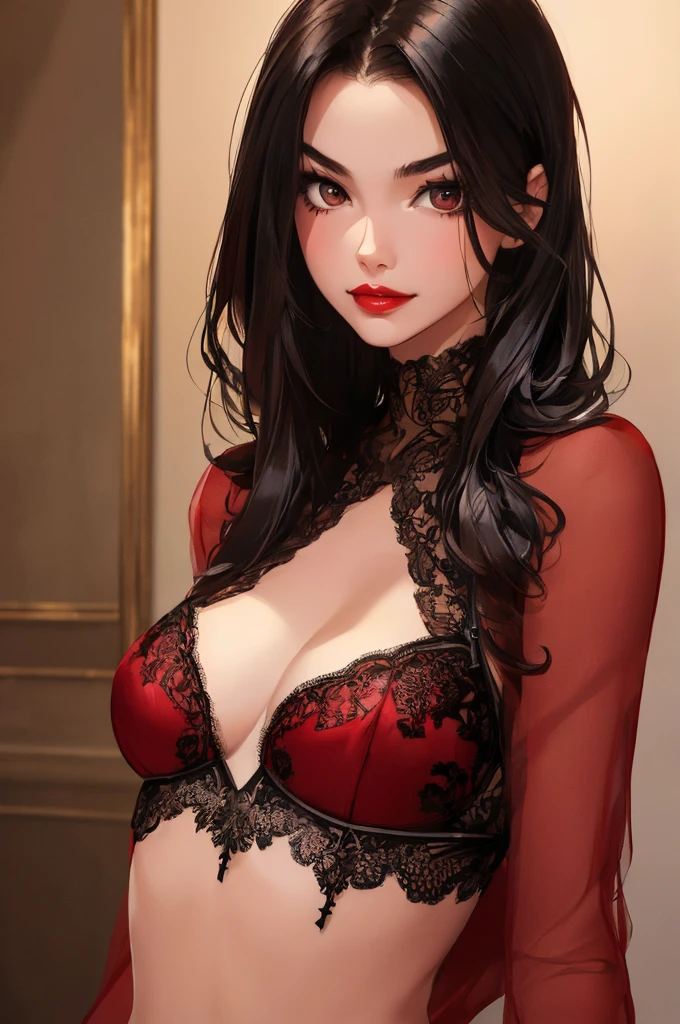1girl,a beautiful fashion model ,(masterpiece, detailed background, best quality),shortand shiny hair, black hair,smirk,juicy lips,red lips, lingerie, stripping, elegant makeup, exhibitionism, torn lace bodysuit outfit